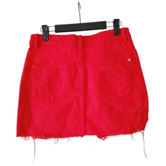 Zara Ferrari Red Y2K Bimbo Brat Girl Summer Distressed Denim Mini Skirt S - Picture 2 of 7